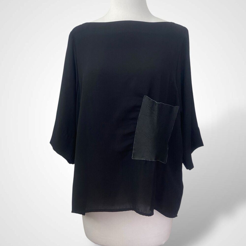 Zara Blouse Top Leather Patch Pocket Women Size M Black 3/4 Sleeve Boat Neck